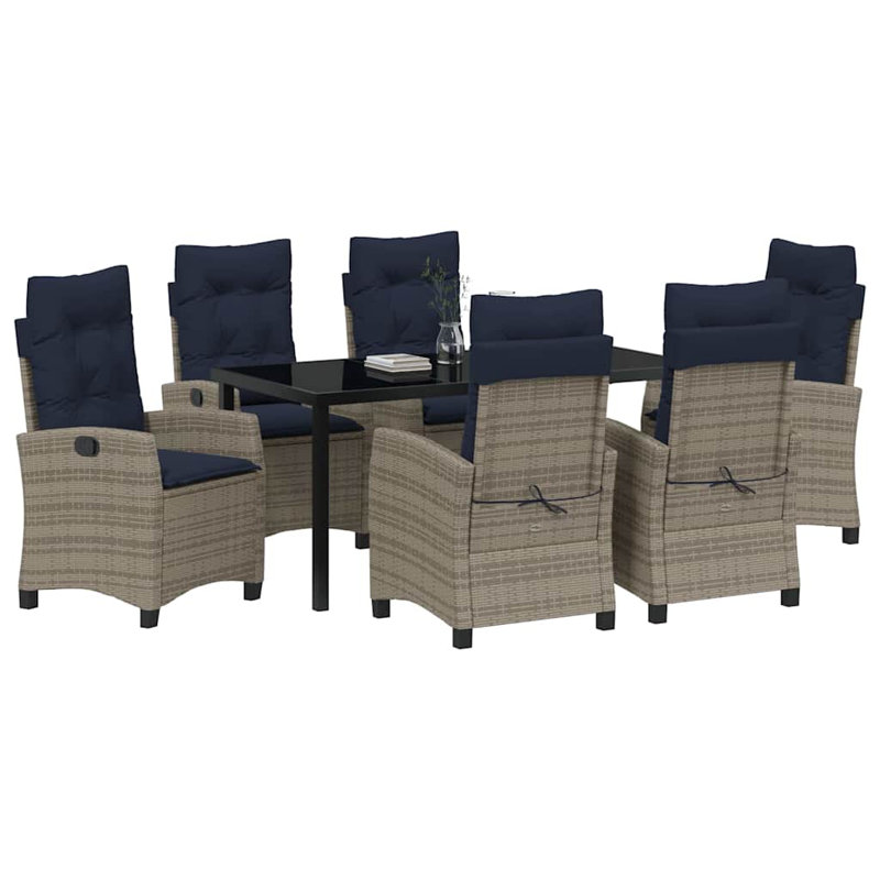  Ensemble de salle à manger de jardin avec coussin 7 pièces en rotin de polyester gris, 28.74" H x 62.99" W x 31.5" D, 6
