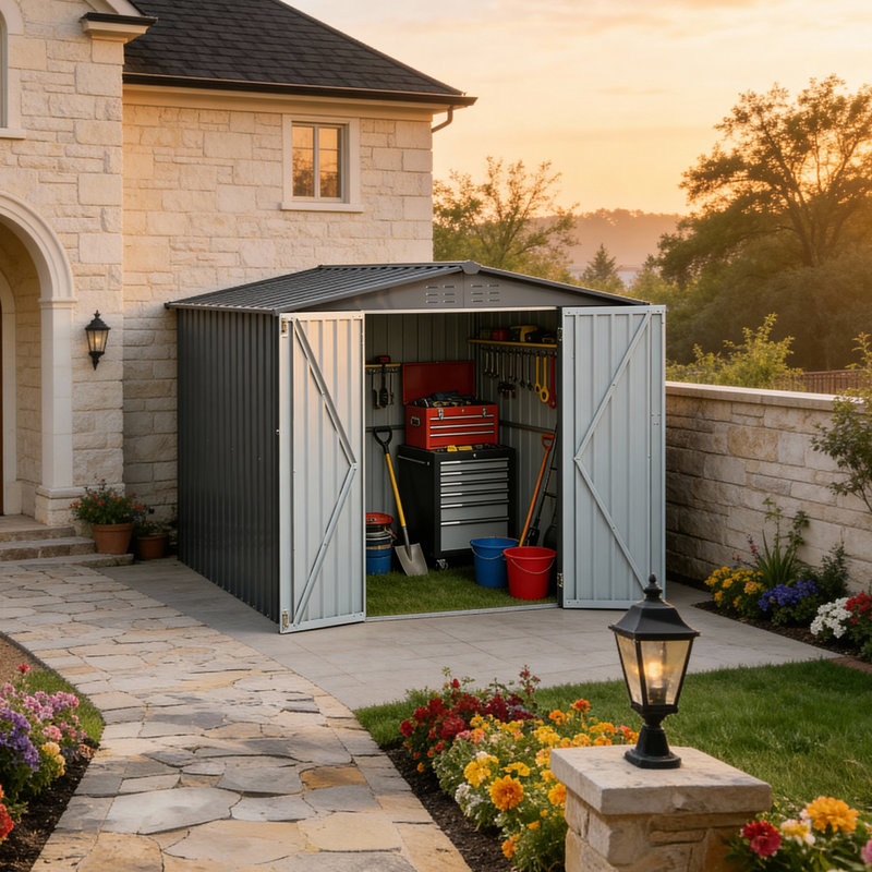 Remise de rangement en métal avec portes doubles, remise de jardin en acier galvanisé robuste pour outils, équipement de pelouse et rangement de jardin