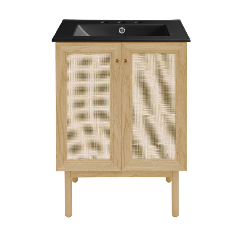 Classe 24" Freestanding Bathroom Vanity in Natural Oak with Black 3-Hole Centerset Sink Top, 4" Centerset, Matte Black