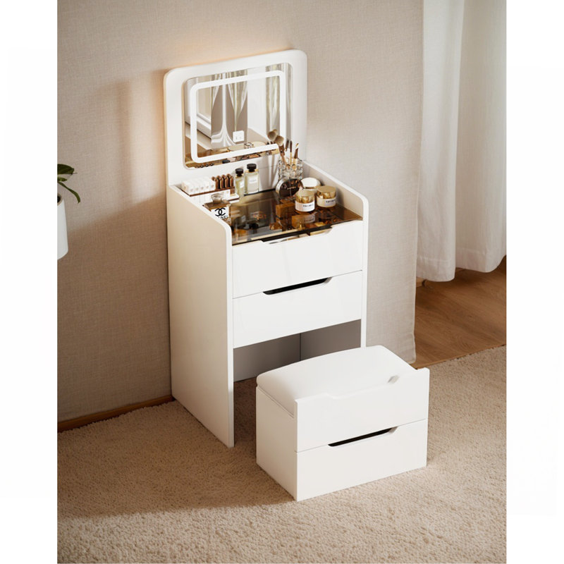 (60CM) 3 In 1 Vanity Desk With Plip Top Mirror, Small Make Up Vanity Set With Visible Glass Desktop, Compact Makeup Vanity With 3 Drawers, Cushioned Tool, Dressing Table For Bedroom (PRIME BIG DEAL)