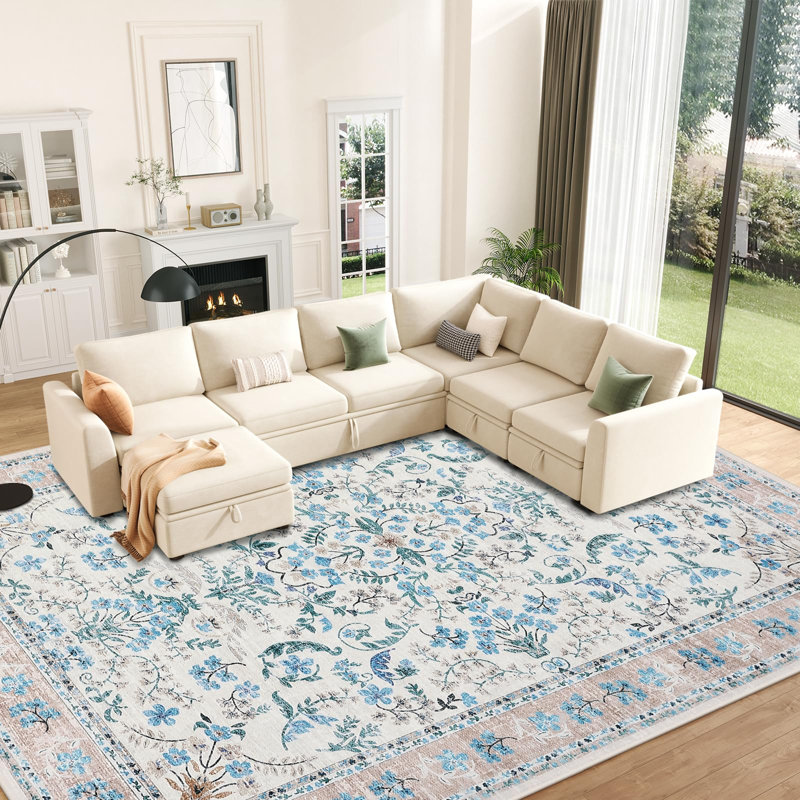 Washable Area Rug, 9x12 Boho Floral Soft Rugs for Living Room, Non Slip Low Pile Carpet for Bedroom, Dining Room, Nursery, Hallway