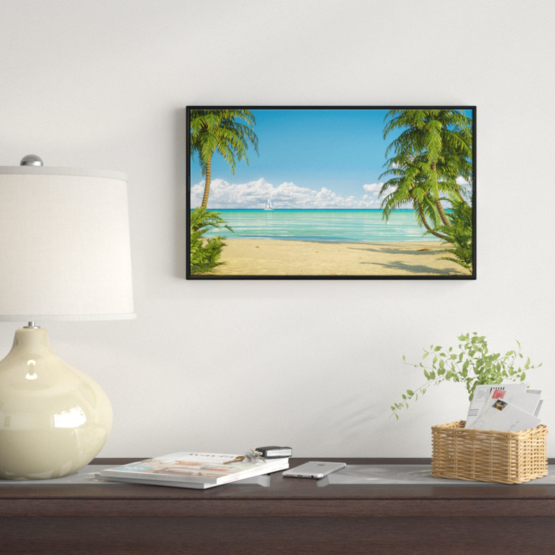 "palmiers à caraïbes beach" , reproduction de photo encadrée sur toile tendue mer, H 28 po x l 60 po x P 1,5 po