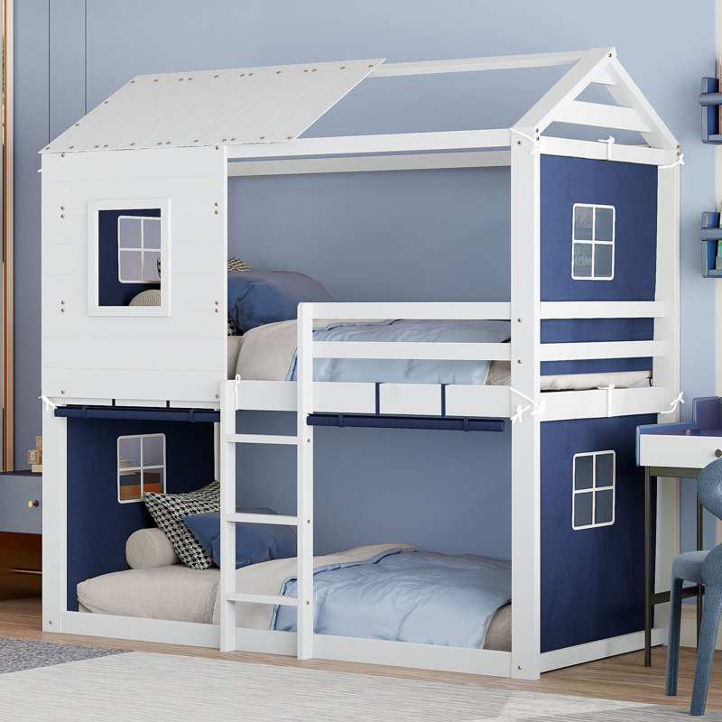 Lit superposé simple avec tente bleue et blanche, conception de style cabane dans les arbres, bois massif et matériau, activités de rangement spacieuses, décoration de chambre à coucher