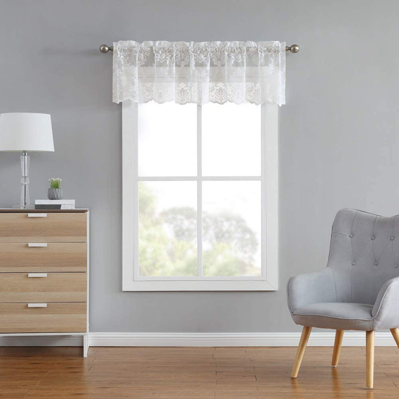 Mohit Floral Scalloped 60'' Kitchen Curtain, Ivory