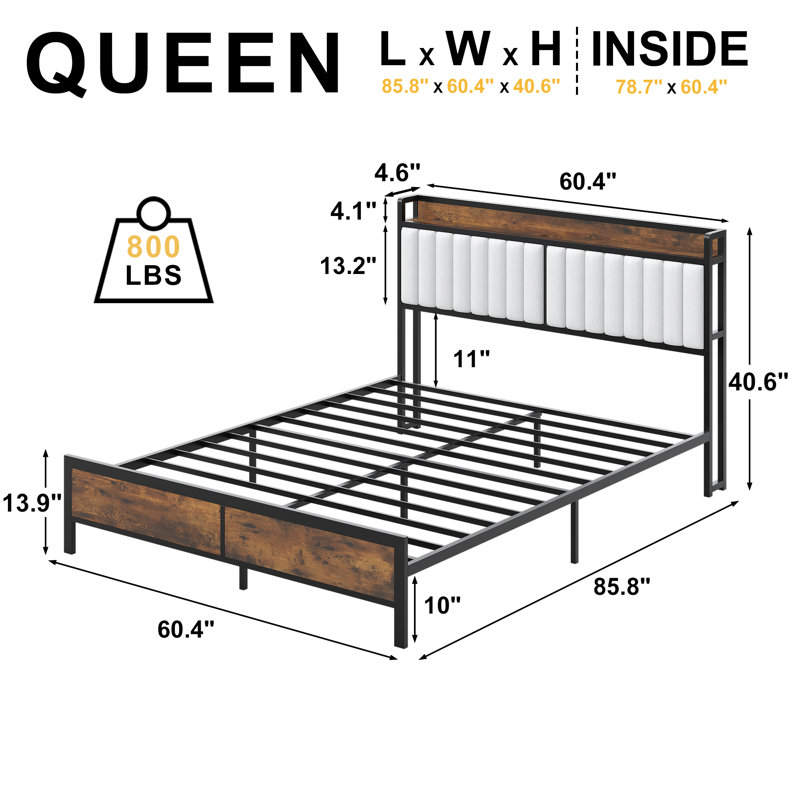 Metal Queen Bed Frame with Functional Headboard, White