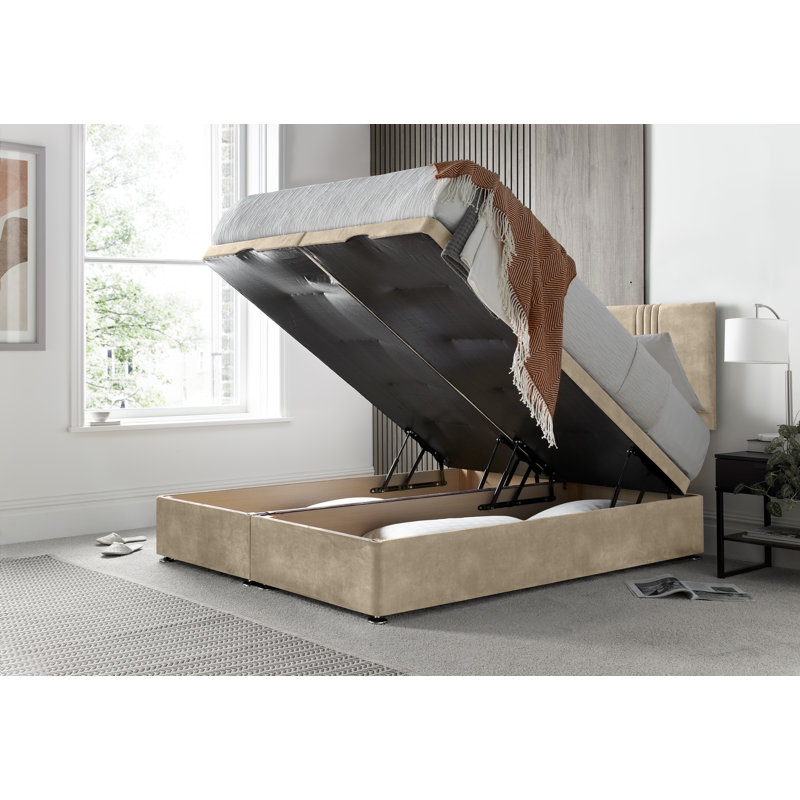 New Empire Conistan Upholstered Ottoman Storage Bed with Panel Headboard & Gas Lift, Double (4'6), Almond