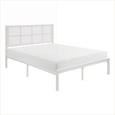 Queen Size Platform Bed Casual Coastal Style White Finish Metal Frame with Faux Cane Headboard