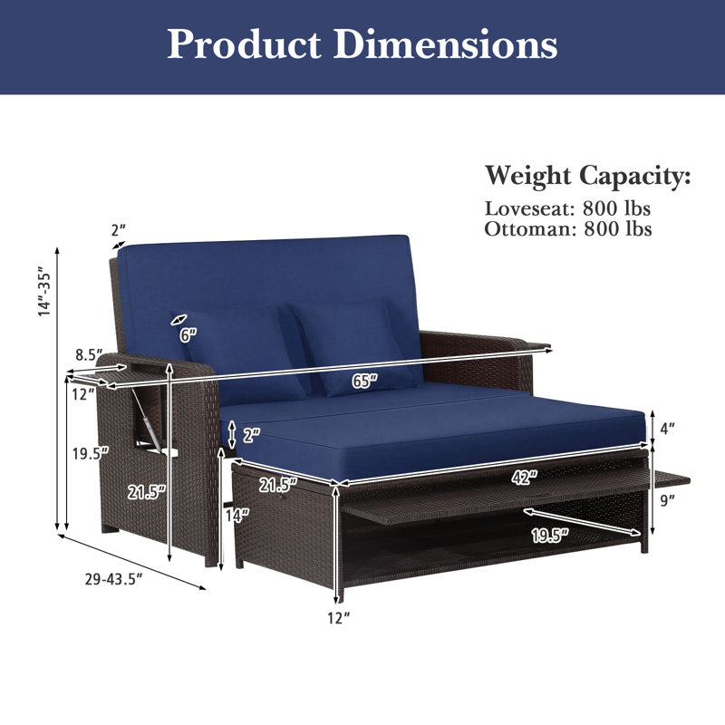 Boden 65" W Wicker Patio Daybed with Ottoman and Side Trays, Navy/Brown
