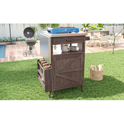 40.5" Outdoor Grill Cart With Stainless Steel Top, Solid Wood Outdoor Storage Cabinet With Drop Leaf, One Drawer, Towel Rack, Rolling Kitchen Cart With Lockable Wheels For Lawn Garden