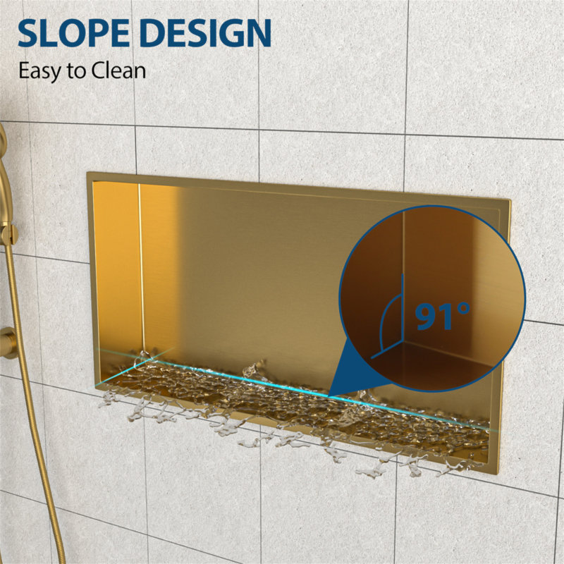 25" X 13" Stainless Steel Shower Niche, Gold, Gold, 13" H x 25" W x 3.94" D