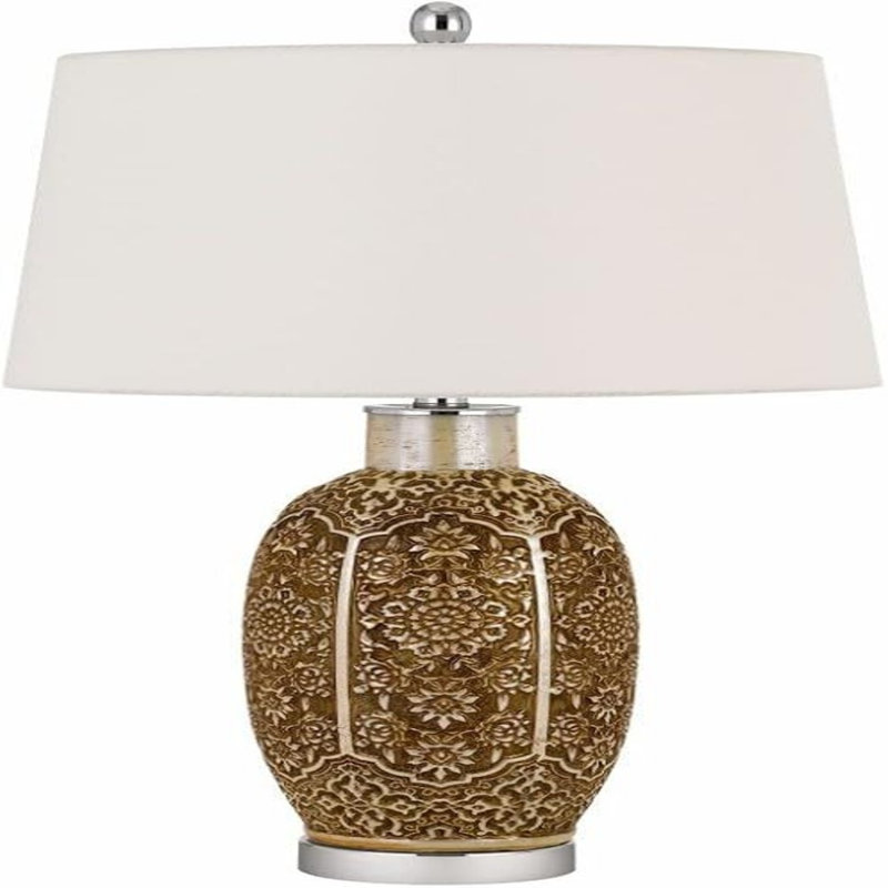 Ceramic Floral Table Lamp With Cinnamon Finish And Drum Shade 28.5" H by