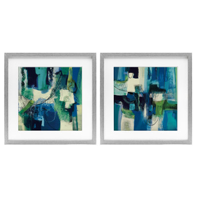 «Blue & Green Abstracts», ensemble de 2 reproductions encadrées sous verre, par Maurizio Piovan