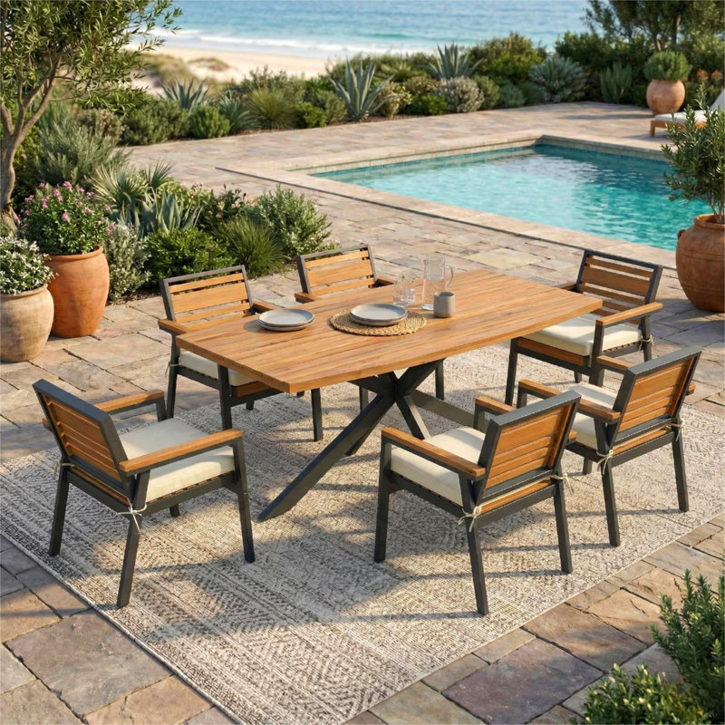 Modern 7-Piece Dining Set, Acacia Wood with Iron Frame, 6 Chairs with Dual-Layer Iron & Wood Seat Frame and Detachable Cushions, Outdoor/Indoor Furniture for Patio and Garden, Beige
