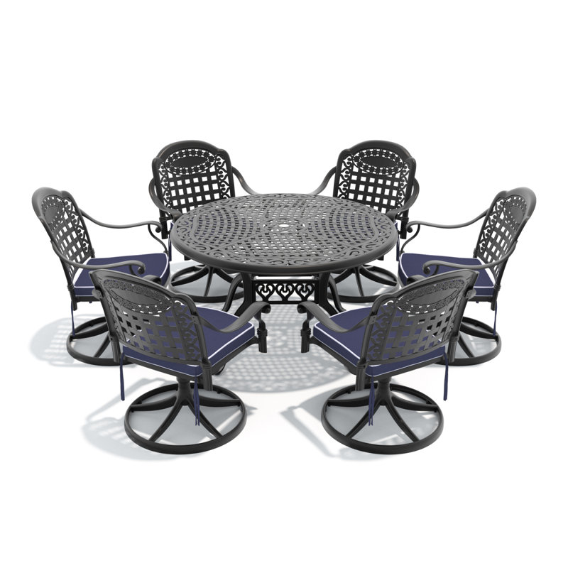 Ensemble de salle à manger 7 pièces en fonte d'aluminium toutes saisons, comprenant 6 chaises pivotantes et une table ronde de 48,03 po avec structure noire
