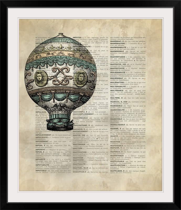 «rétro dictionary, ballon d’air chaud 3" par kate lillyson, impression, H 38 po x l 32 po x P 1 po, Cadre blanc