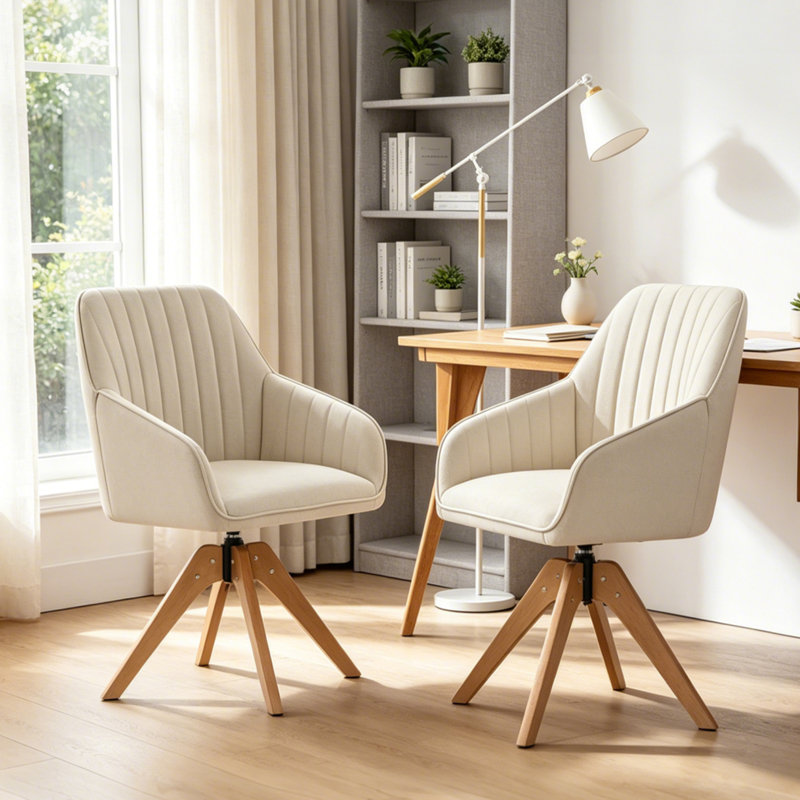  Upholstered Swivel Accent Chair, Linen Fabric Ergonomic Wood Arm Chair for Living Room, Bedroom, Beige Linen Blend