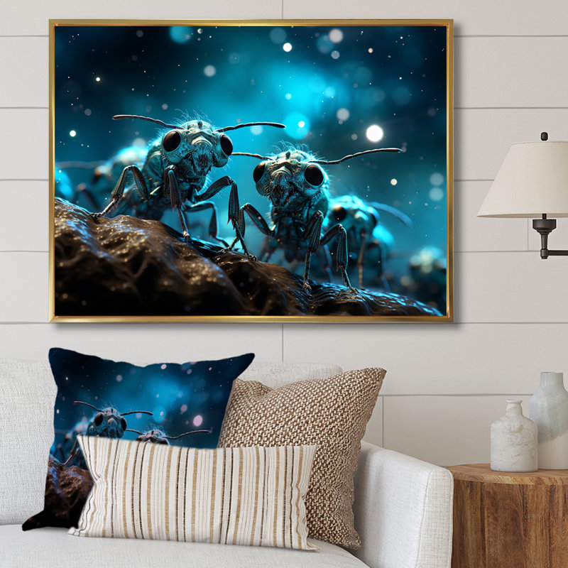 Fourmis lunaires argentées sur toile, Cadre flottant doré, H 30 po x l 40 po x P 1,5 po