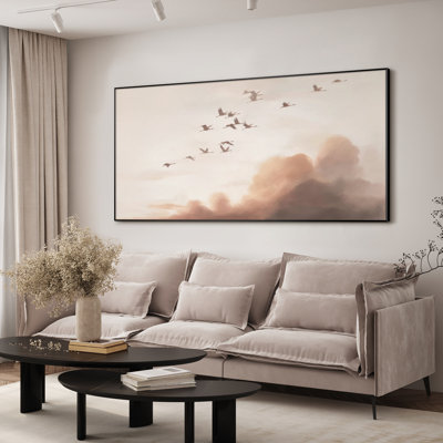 Art mural minimaliste grues volantes dans un ciel rosé, impression de paysage d'oiseau serein pour chambre à coucher, impression d'art mural encadré très grand (assemblage requis)