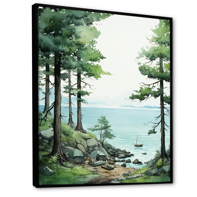 «Lakeside Serenity Horizon», art mural de voyage en camping, Cadre flottant noir, H 32 po x l 24 po x P 1 po