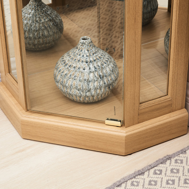 Lighted Curio Cabinet In Bedroom - Oak Finish, Spacious Interior With Glass Doors Corner For Stylish Design Mirrored Back And Bulbs