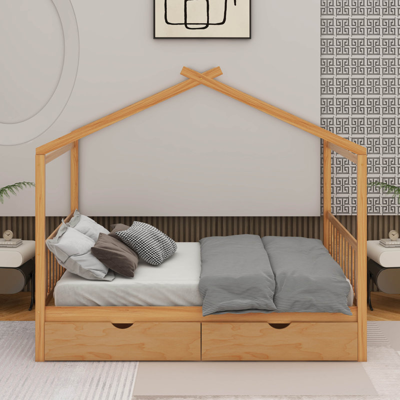 Lit plateforme double pleine grandeur avec deux tiroirs, tête et pied de lit, Naturel