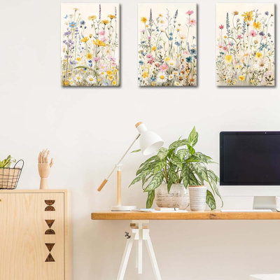 40*30,3Pcs Framed Colorful Wildflower Canvas Wall Art.