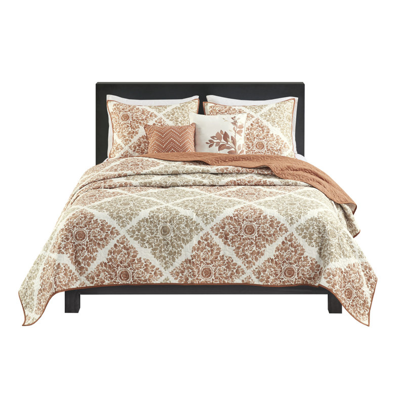 Courtepointe imprimée 6 pièces pour lit double / grand lit, imprimé de feuilles en diamant, matelassage vermicelle, tissu réversible au tissu brossé, coussins décoratifs inclus