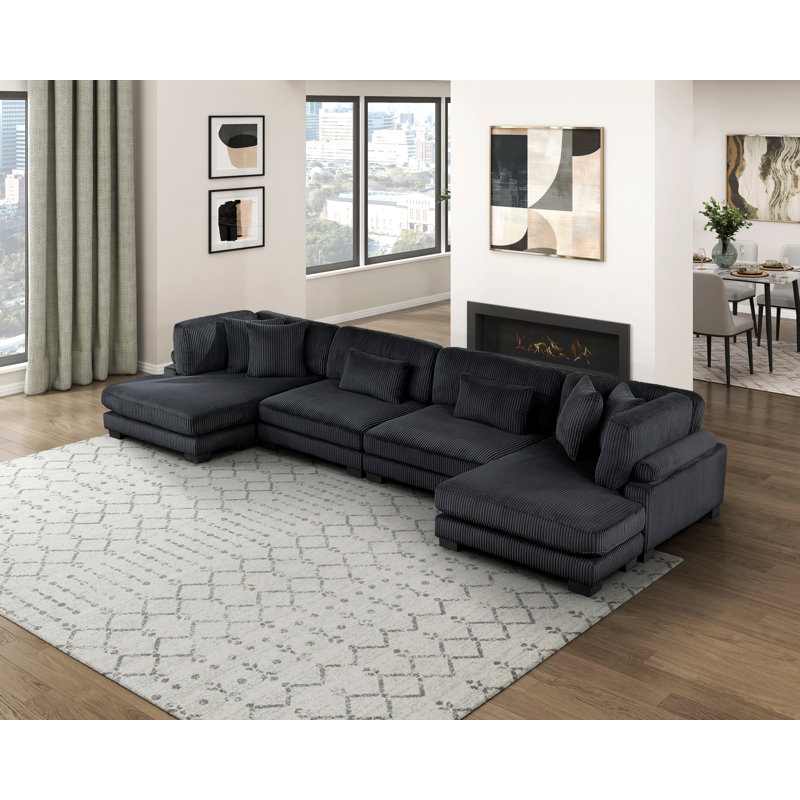 Canapé modulaire en U 4 pièces Larry, Velours côtelé noir