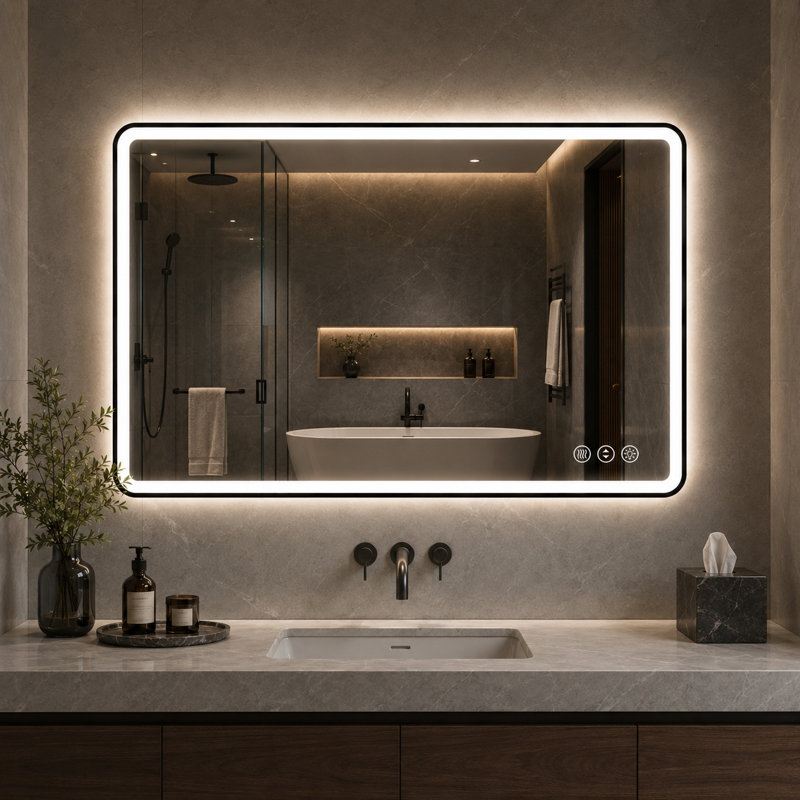 Miroir de salle de bain moderne avec cadre et lumière noire, 48" x 36"