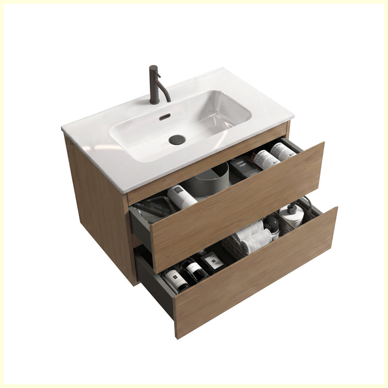 Ensemble de meuble-lavabo mural 30 po en céramique brun avec rangement à fermeture en douceur, L 30 po, Monotrou