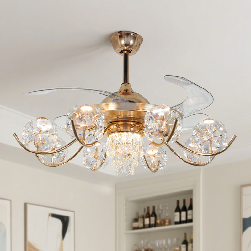 Ventilateur de plafond 52 po en cristal de luxe moderne avec ensemble d'éclairage DEL et télécommande, 6 vitesses, 3 couleurs changeantes, réversible, minuterie