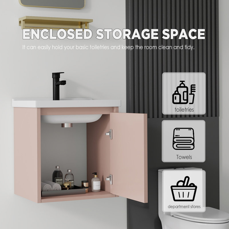 Meuble-lavabo suspendu de 40 cm avec lavabo, porte à fermeture douce, lavabo en céramique, meuble de salle de bain en contreplaqué, rose