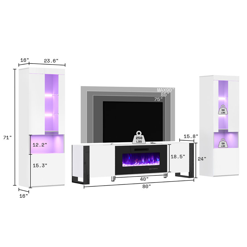 Bhhatu Entertainment Center with Electric Fireplace, 80", White/Black