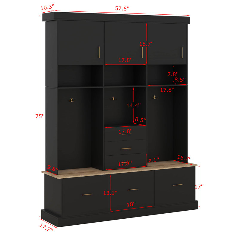 Hall Tree With Bench, 75" Entryway Storage Organizer With Coat Hooks, 6 Drawers & 3 Cabinets And 3-Tier Top Storage, Black