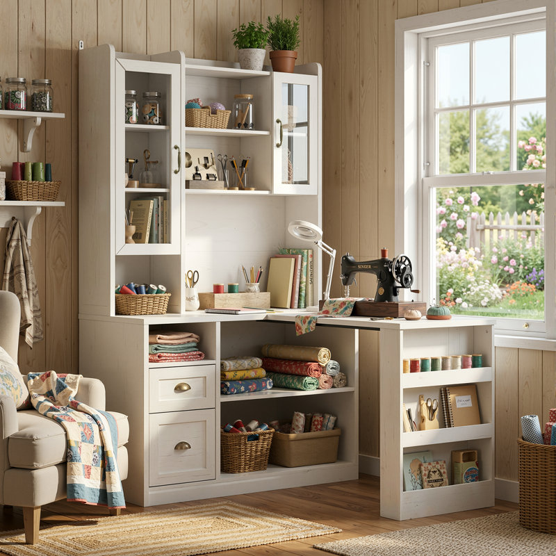 Combo armoire de rangement, poste de travail en L avec tiroirs et huche de porte en verre
