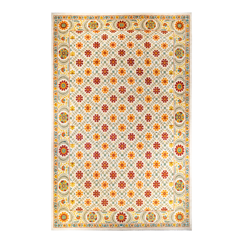 Tapis ivoire / rouge noué à la main de conception unique 12 pi 5 po x 19 pi 1 po Yves
