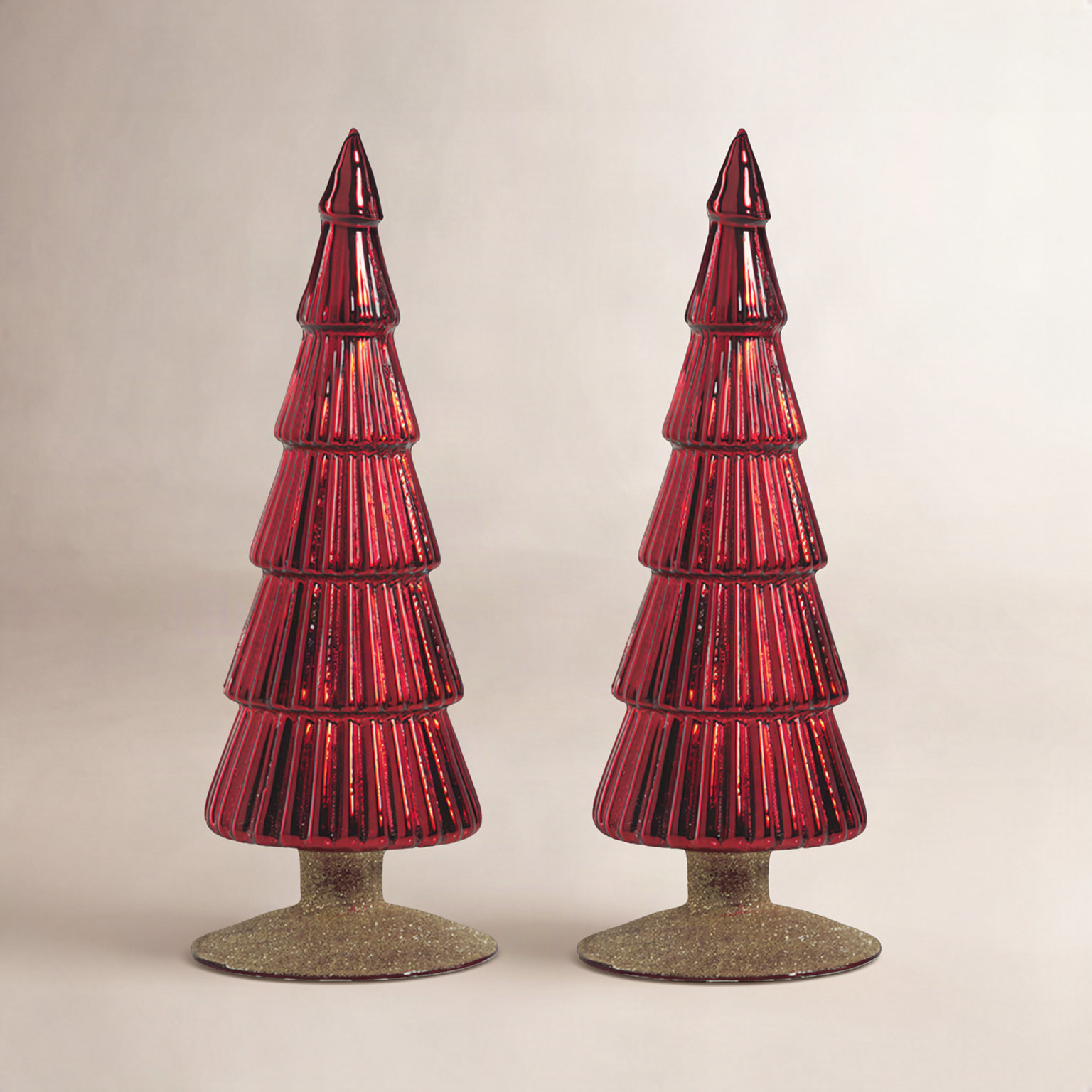 Halette 2-Piece Red Glass Tabletop Tree Set, 9.5" H x 3.5" W x 3.5" D, Green/Gold