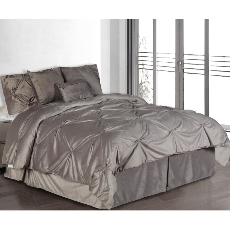 Pintuck Plush Polyester Comforter, Full Comforter + 6 Additional Pieces, Gray