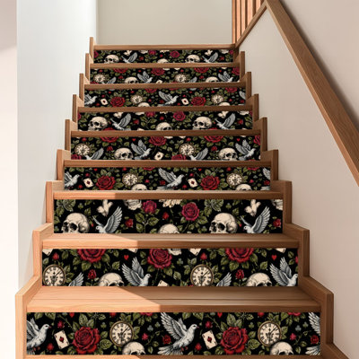Peel and Stick Wallpaper Contact Paper Skull birds clock cards red roses Hand drawn Seamless tattoo style art Self Adhesive and Removable 17.7in x 118in(45x300cm)