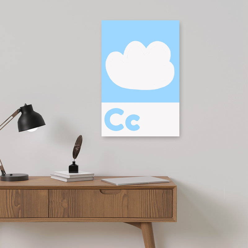 Affiche murale abstraite contemporaine représentant un ciel nuageux et un paysage naturel, avec alphabet et alphabet