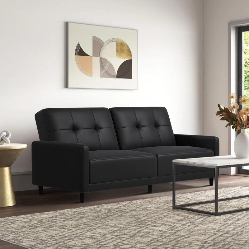Benitez Twin 75.98'' Wide Mid-Century Faux Leather Tufted Convertible Sleeper Futon Sofa with Split Back and Cushions