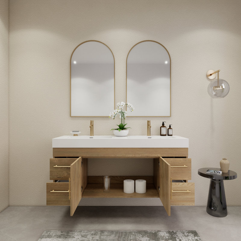 59" Wall-Mounted Double Bathroom Vanity Set, Oak