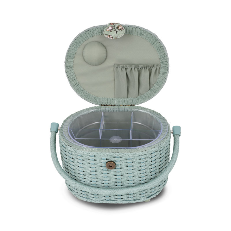 Small Soft Green Floral Oval Weaved Sewing Basket with Cord Handle