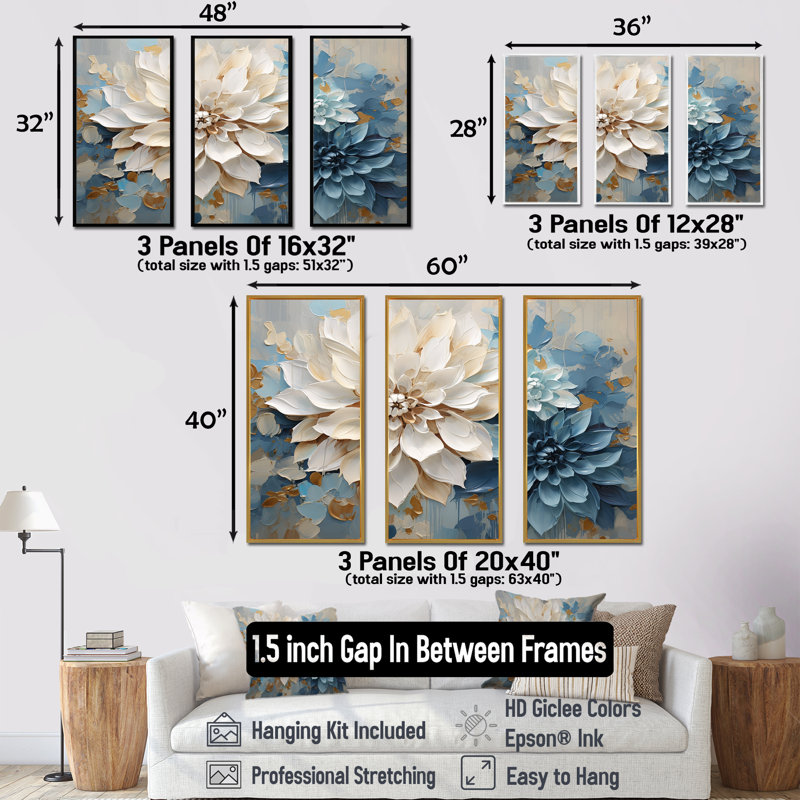 Ensemble de reproductions d'art murales blanches et bleues - Dahlia, Cadre flottant doré, H 28 po x l 36 po x P 1 po