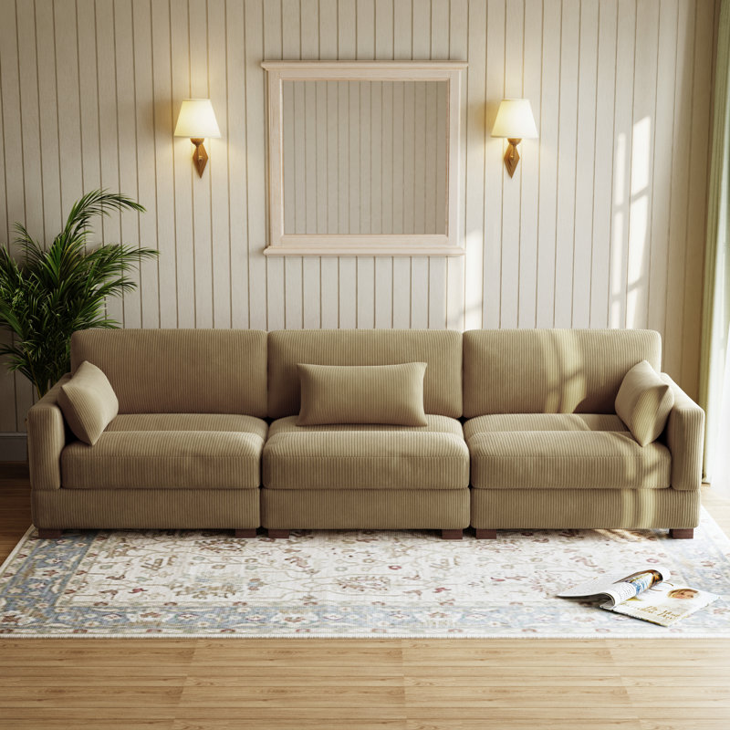 Maelina 3 - Piece Upholstered Camel Corduroy Modular Sectional Sofa with Pillow Back and Solid Wood Legs, Camel