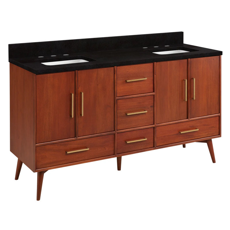 60" Novak Double Bathroom Vanity Set with Rectangular Undermount Sinks, 8" Widespread, Feathered White Quartz, Natural Teak