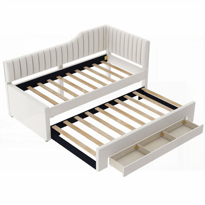 Lit de jour simple avec lit gigogne et trois tiroirs - Fabrication solide, aucun sommier tapissier requis, Lit simple, Beige