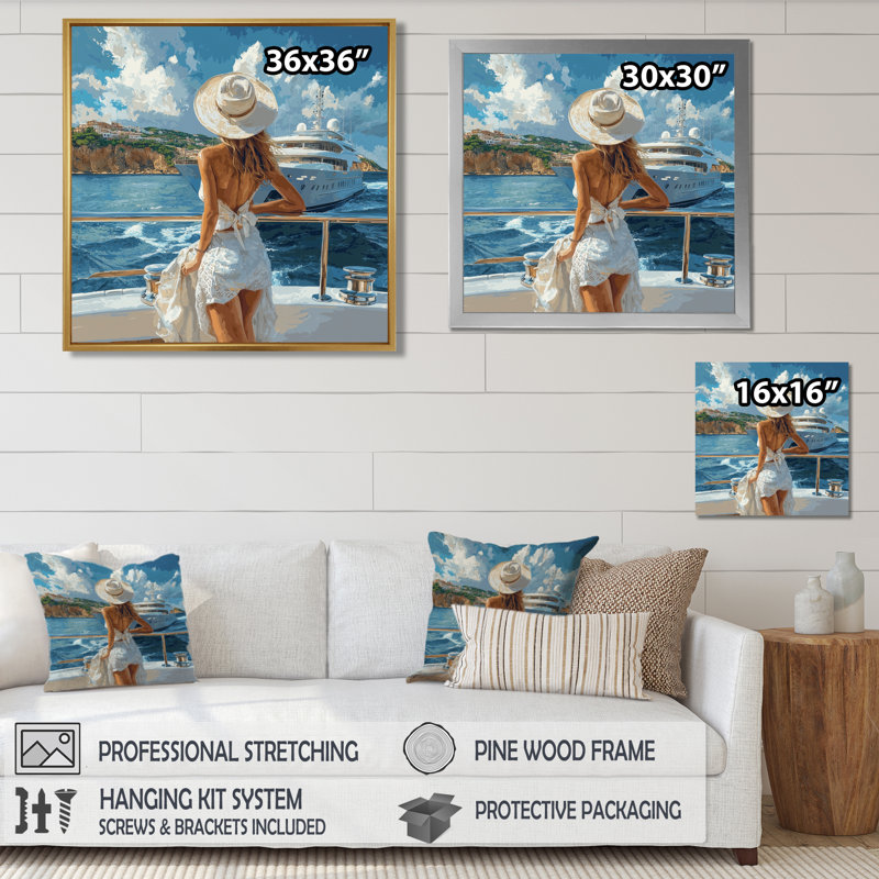 Anae Woman Influencer On A Yacht II - art mural femme, H 30 po x l 30 po, Picture Framed Print, Noir
