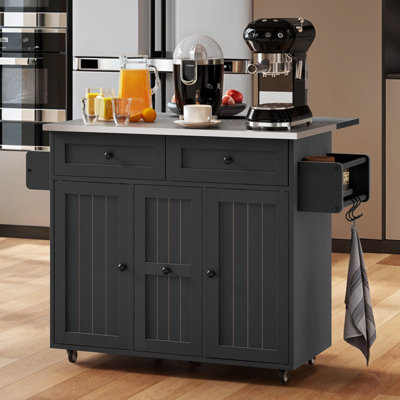 Kitchen Island With Drop Leaf & Wheels, 40.5" Mobile Cart With Storage Drawers & Locking Casters by Gracie Oaks