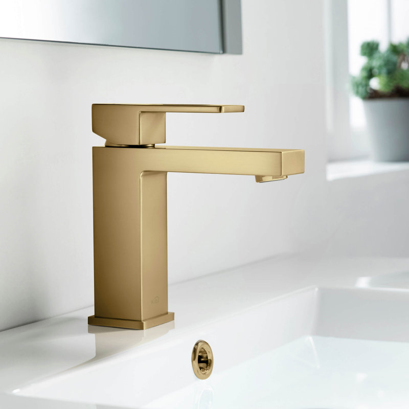 Cubic Single Hole Bathroom Faucet with Optional Drain Assembly, Drain Assembly Included, Brushed Brass